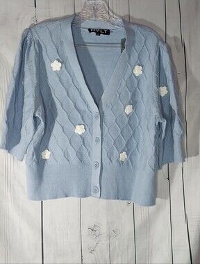 NVLT Light Blue V-Neck Floral Appliqué Spring GrandmaCore Cardigan Sweater